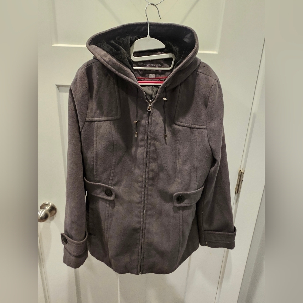 Covington Lined Fleece Jacket Gray Hooded Zip Front Coat Size Large